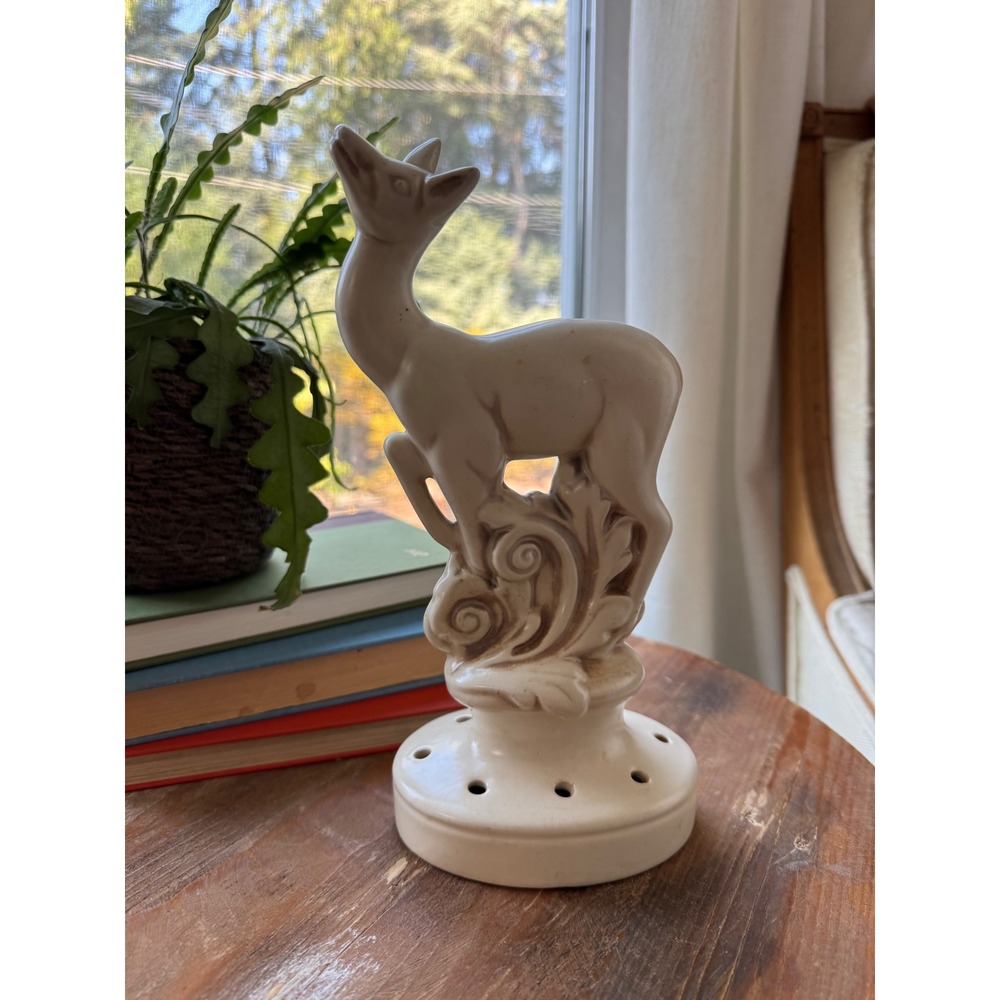 Red Wing Pottery Figural Deer Flower Frog, Art Deco Ivory Ceramic Centerpiece